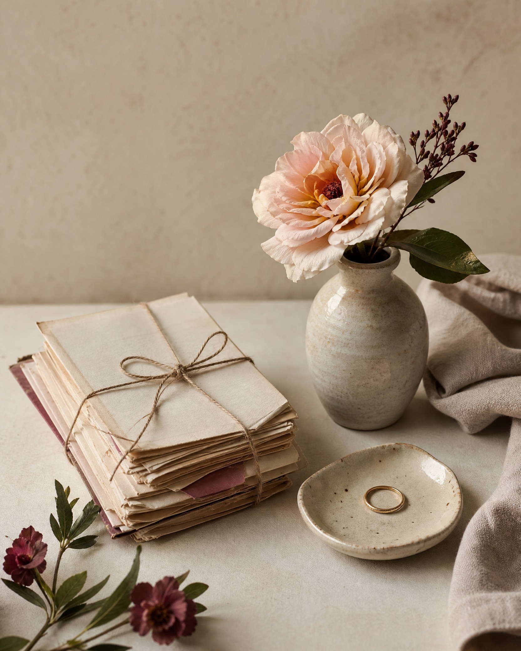 Love letters and a floral keepsake arranged on linen