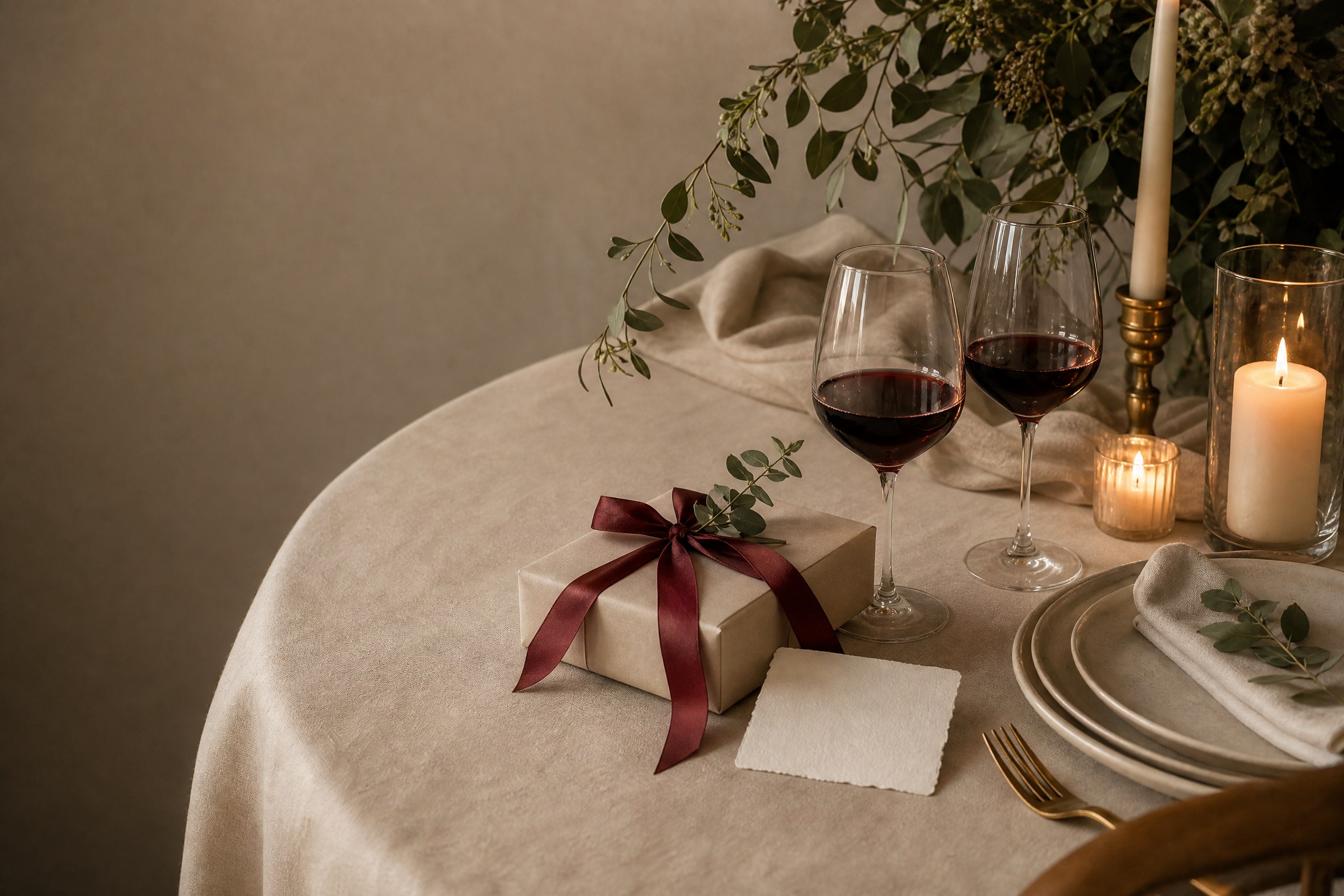 A romantic anniversary table with a card and wrapped gift